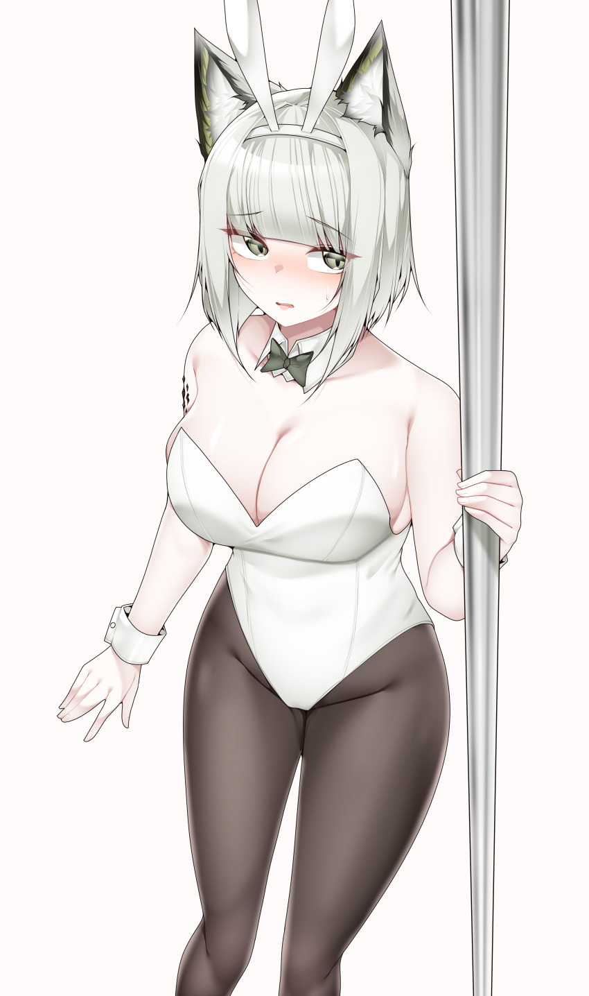 1girl absurdres animal_ear_fluff animal_ears arknights black_pantyhose bow bowtie breasts cat_ears cat_girl cleavage closed_mouth cowboy_shot detached_collar fake_animal_ears green_bow green_bowtie grey_eyes grey_hair highleg highleg_leotard highres kal&#039;tsit_(arknights) large_breasts leotard material_growth open_mouth oripathy_lesion_(arknights) pantyhose playboy_bunny rabbit_ears samip short_hair simple_background solo strapless strapless_leotard white_background white_leotard wrist_cuffs