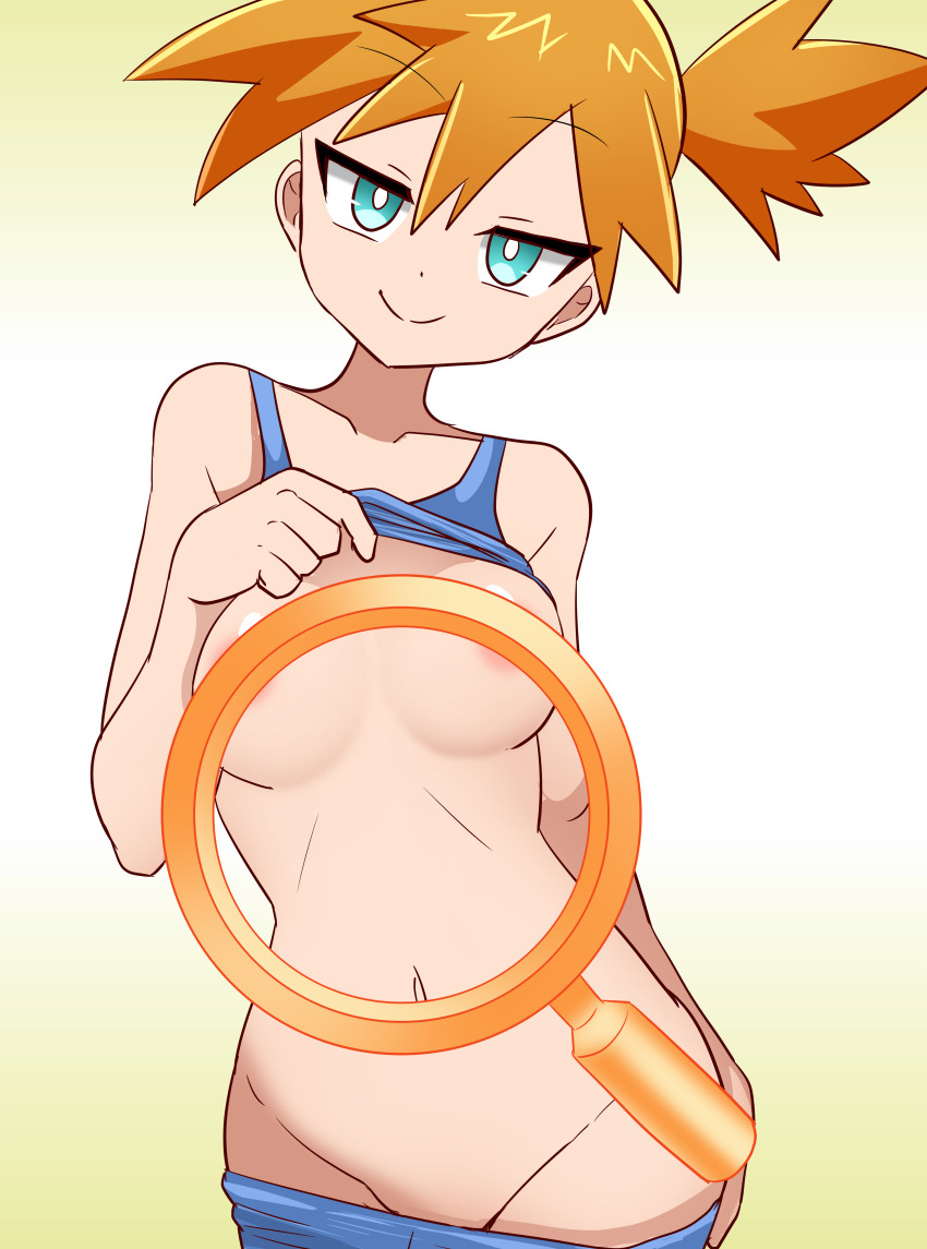 1girl absurdres areola_slip blue_eyes blush breasts bright_pupils closed_mouth clothes_lift clothes_pull collarbone denim female_focus groin gym_leader hair_between_eyes highres holding large_breasts lifting_own_clothes looking_at_viewer medium_breasts misty_(pokemon) navel negotoneko nintendo nipples no_bra orange_hair pants pants_pull pokemon pokemon_(anime) pokemon_(classic_anime) pokemon_rgby ponytail shirt shirt_lift short_hair shorts shorts_pull side_ponytail smile solo tank_top thighs white_pupils