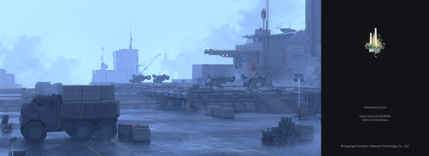 aircraft aircraft_request artist_name blue_sky commentary company_name copyright_notice crate day english_commentary erich floodlights generator girls&#039;_frontline highres motor_vehicle no_humans official_art outdoors paint_palette paradeus radar_dish scenery science_fiction sky smoke stairs truck twitter_username weibo_username