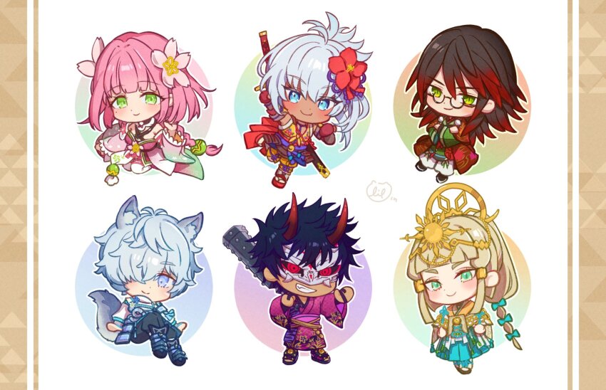 3boys 3girls animal_ears armor black_hair blonde_hair blue_eyes blush chibi club_(weapon) crossed_arms dark-skinned_female dark-skinned_male dark_skin dog_boy dog_ears dog_tail flower fubuki_(rune_factory) glasses green_eyes grin hair_flower hair_ornament hair_over_one_eye highres holding holding_weapon horns japanese_armor japanese_clothes kai_(rune_factory) kanata_(rune_factory) koori_(superumaice) kurama_(rune_factory) matsuri_(rune_factory) mole mole_under_eye multicolored_hair multiple_boys multiple_girls pink_flower red_flower rune_factory rune_factory:_guardians_of_azuma signature simple_background smile tail ulalaka weapon wide_sleeves
