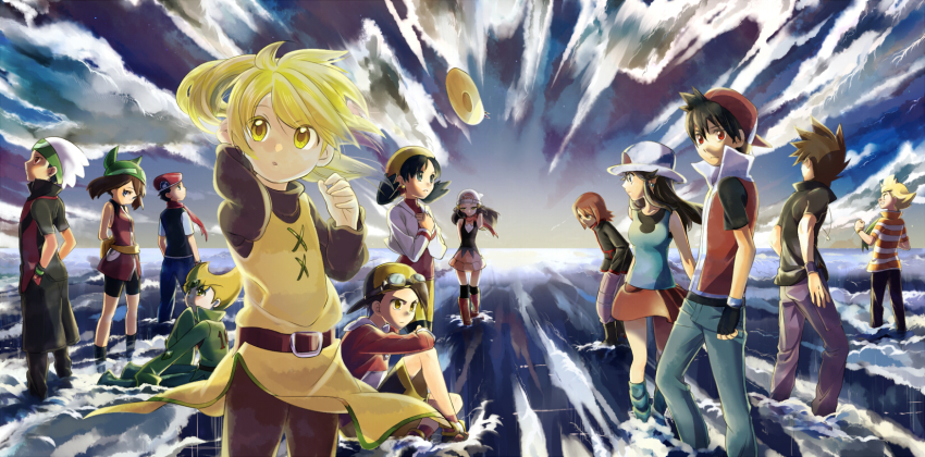 00s 1990s_(style) 5girls 6+boys alternate_costume backwards_hat bandana barry_(pokemon) baseball_cap beanie belt bike_shorts black_hair blonde_hair blue_eyes blue_oak brendan_(pokemon) brown_hair cloud dawn_(pokemon) denim earrings emerald_(pokemon) ethan_(pokemon) everyone fingerless_gloves gloves goggles green_(pokemon) hat highres jeans jewelry kris_(pokemon) long_hair long_image lucas_(pokemon) may_(pokemon) multiple_boys multiple_girls necklace nintendo pants pokemon pokemon_adventures pokemon_dppt pokemon_gsc pokemon_rgby pokemon_rse ponytail red_(pokemon) red_eyes retro_artstyle saku_(pixiv526117) scarf silver_(pokemon) skirt sky straw_hat twintails unworn_hat unworn_headwear wading water wide_image wind yellow_(pokemon) yellow_eyes