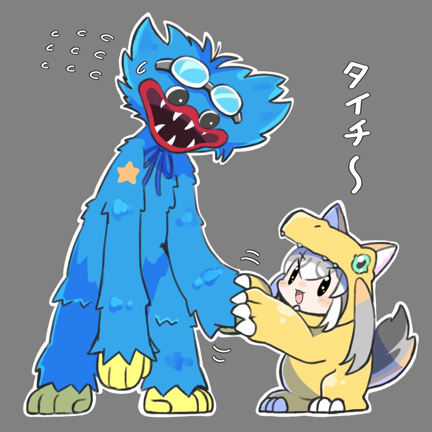 1girl agumon animal_ears black_eyes bow bowtie brown_eyes cosplay digimon empty17033658 extra_ears fox_ears fox_girl fox_tail goggles goggles_on_head green_eyes grey_background grey_hair highres huggy_wuggy island_fox_(kemono_friends) kemono_friends kemono_friends_v_project parody poppy_playtime simple_background sweat tail twintails virtual_youtuber yagami_taichi yagami_taichi_(cosplay)
