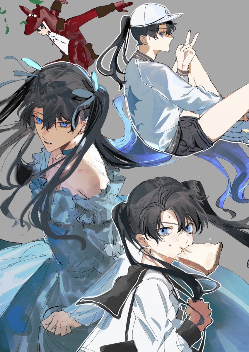 1boy animal_costume black_hair black_sailor_collar blue_dress blue_eyes bread bread_slice choker crossdressing dress eating fate/grand_order fate_(series) food food_in_mouth fujimaru_ritsuka_(male) fujimaru_ritsuka_wa_wakaranai grey_background hair_ribbon highres jacket jumping late_for_school letterman_jacket long_hair long_sleeves looking_at_viewer mouth_hold official_alternate_costume parted_bangs ponytail ribbon sailor_collar sasakitogd school_uniform serafuku short_shorts shorts simple_background sitting sweat toast toast_in_mouth twintails two_side_up unfinished v white_jacket white_serafuku