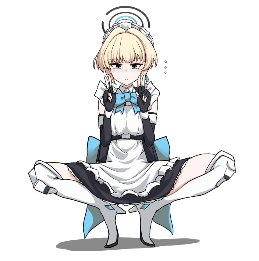 ... 1girl apron back_bow belt_pouch black_gloves blonde_hair blue_archive blue_bow blue_bowtie blue_eyes blue_ribbon blush boots bow bowtie breasts chest_harness closed_mouth commentary_request double_v dress elbow_gloves fingerless_gloves frilled_apron frills full_body gloves hair_intakes hair_ribbon halo harness high_heel_boots high_heels looking_at_viewer maid maid_apron maid_headdress niceratus_kiotensis pouch ribbon short_hair simple_background small_breasts solo squatting thigh_boots thighhighs toki_(blue_archive) v white_apron white_background white_boots zettai_ryouiki