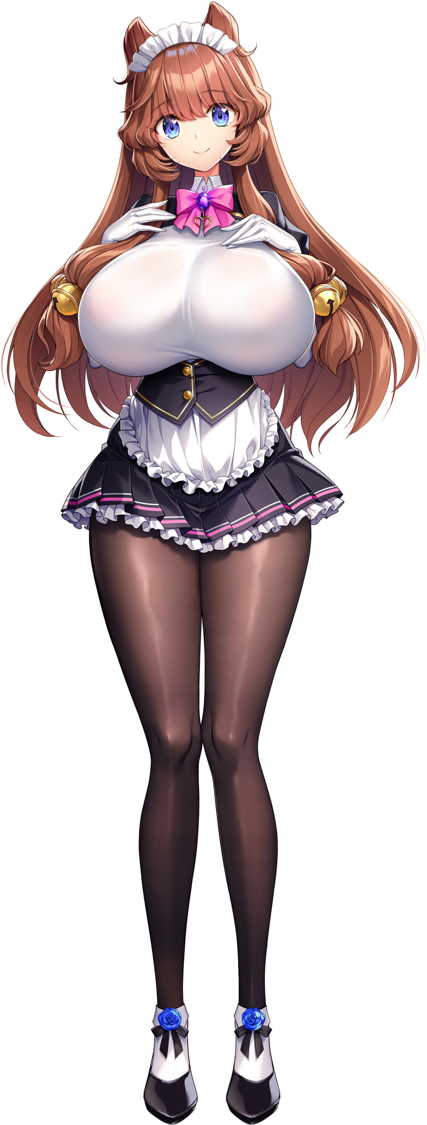 1girl absurdres akagi_rio apron bell blue_eyes bow bowtie breasts brown_hair collar_jewel double_bun dress eibel_haurisia elbow_gloves femme_de_menage_maid_academy_uniform flower footwear_flower frilled_apron frills full_body game_cg gem gloves hair_bell hair_bun hair_ornament hands_on_own_chest highres huge_breasts long_hair long_sidelocks looking_at_viewer low-tied_sidelocks maid maid_apron maid_headdress milk_factory motto!_haramase!_honoo_no_oppai_isekai_oppai_maid_gakuen! non-web_source official_art pink_bow pink_bowtie puffy_short_sleeves puffy_sleeves purple_brooch purple_gemstone short_sleeves sidelocks smile solo sprite standing tachi-e transparent_background waist_apron white_apron white_gloves