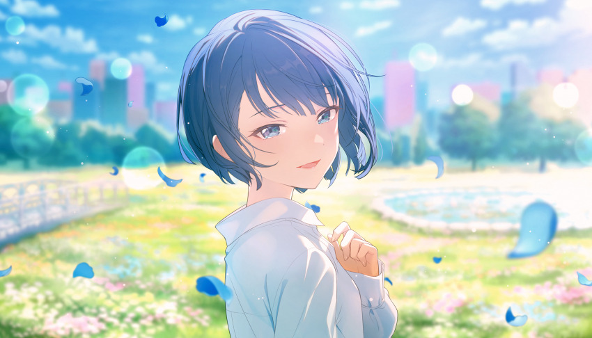 1girl blue_eyes blue_hair blue_petals blue_sky blurry blurry_background bokeh cloud colorful_palette depth_of_field game_cg grass highres itsuka_hanasaku_stage_e_(project_sekai) kiritani_haruka lips looking_at_viewer official_art outdoors project_sekai shirt sky smile solo third-party_source tongue tree white_shirt
