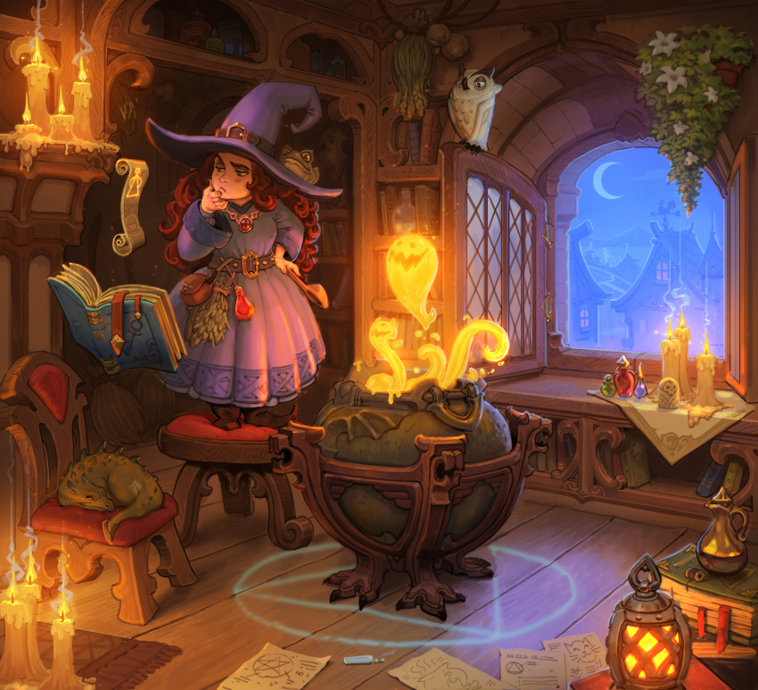 1girl absurdres armandeo64 belt_pouch bird blue_sky book boots breasts broom brown_boots building candle cauldron chair chalk commentary crescent_moon curly_hair dragon dress english_commentary facing_viewer fire_elemental floating floating_book floating_object frog frog_on_head frown full_body gem gold_necklace hand_on_own_chin hat hat_belt herb_bundle highres holding holding_ladle indoors jewelry ladle lamp long_hair magic magic_circle medieval moon mountainous_horizon narrowed_eyes necklace night night_sky on_stool open_window original owl parchment potion pouch purple_dress purple_hat raised_eyebrow reading red_gemstone red_hair rug runes sky sleeping_animal small_dragon solo town tree very_long_hair weather_vane window witch witch_hat wooden_floor