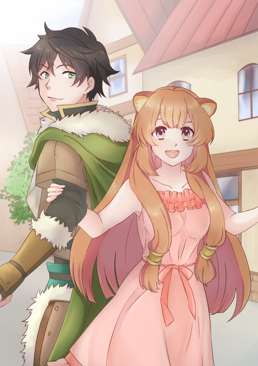 1boy 1girl :d absurdres alternate_costume animal_ears armor armored_gloves belt black_belt black_hair black_shirt breasts brown_gloves brown_hair brown_shirt cape closed_mouth collarbone collared_shirt commentary_request commission couple cowboy_shot cuirass dating dress elbow_gloves fingerless_gloves fur-trimmed_armor fur-trimmed_cape fur-trimmed_gloves fur_trim gloves green_cape green_eyes green_pants hetero high_collar highres holding_another&#039;s_arm iwatani_naofumi kasakasako leather_armor long_hair long_sleeves looking_ahead looking_at_another medium_breasts messy metal_hair_tubes open_mouth outdoors pants pink_dress pink_eyes raccoon_ears raccoon_girl raphtalia shirt short_hair skeb_commission sleeveless sleeveless_dress smile standing tassets tate_no_yuusha_no_nariagari teeth upper_teeth_only