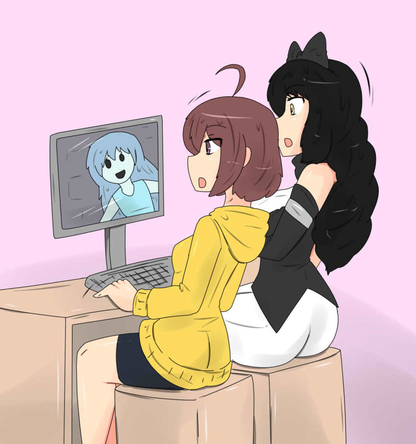 3girls ahoge ass blake_belladonna blazblue blazblue:_cross_tag_battle computer gameplay ghost highres horrified linne_(under_night_in-birth) multiple_girls rwby spooky&#039;s_house_of_jump_scares spooky_(shojs) tikoriko under_night_in-birth