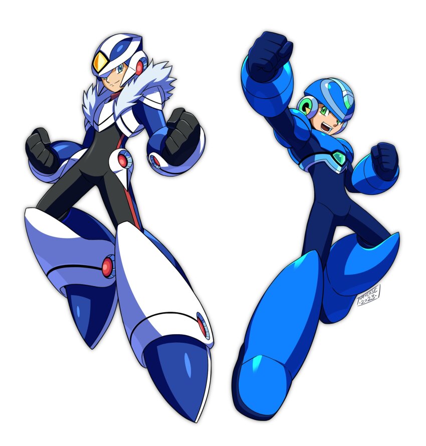 2boys android armor black_bodysuit blue_armor blue_bodysuit blue_eyes blue_footwear blue_helmet bodysuit boots clenched_hands forehead_jewel fur_trim green_eyes helmet highres mega_man_(pachislot_rockman_ability) mega_man_(series) multiple_boys over-1_(mega_man) pachislot_rockman_ability rockman_xover simple_background tomycase white_armor white_background white_footwear white_helmet