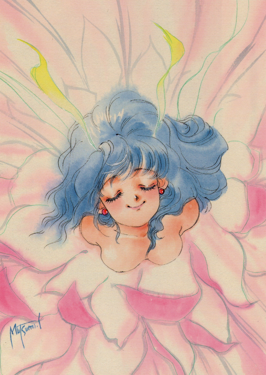 1980s_(style) 1girl absurdres bare_shoulders blue_hair breasts cleavage earrings closed_eyes from_above hair_ribbon highres inomata_mutsumi jewelry long_hair looking_up medium_breasts oldschool original petals retro_artstyle ribbon signature smile solo wavy_hair
