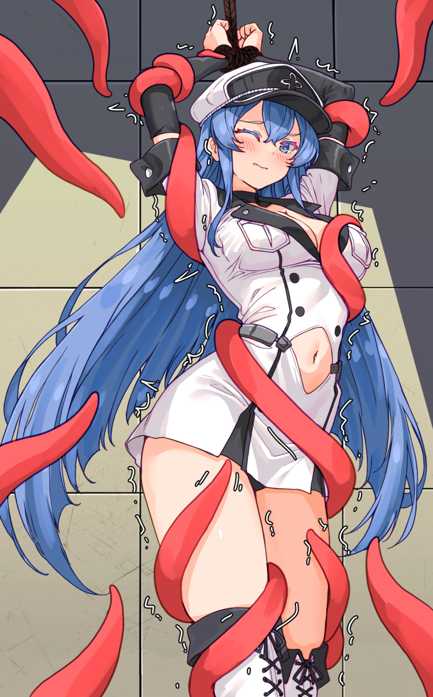 1girl akame_ga_kill! arms_up bakasp-lilzy biting_own_lip black_choker black_panties blue_eyes blue_hair blush bound bound_wrists breasts choker cleavage clothing_cutout dress esdeath hat highres imminent_rape large_breasts long_hair military_hat navel navel_cutout one_eye_closed panties pantyshot peaked_cap restrained rope short_dress solo tentacles thighhighs thighs tile_wall tiles trembling underwear very_long_hair white_dress white_hat white_thighhighs