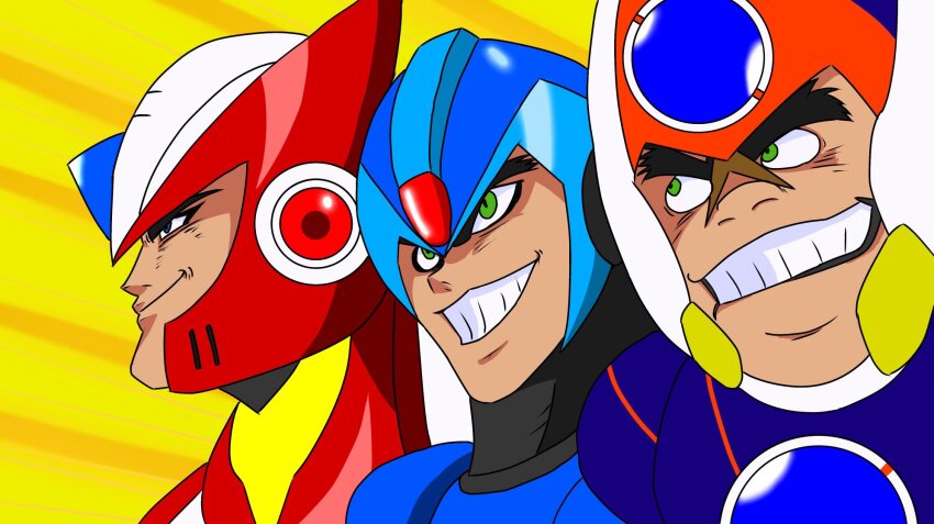 3boys android armor axl_(mega_man) black_armor black_helmet blue_armor blue_eyes blue_helmet chest_jewel clenched_teeth cross_scar forehead_jewel gem getter_robo getter_team_pose_(meme) green_eyes grin helmet highres ishikawa_ken_(style) mega_man_(series) mega_man_x_(series) meme multiple_boys parody red_armor red_helmet robot robot_ears scar scar_on_face shin_getter_robo smile smirk style_parody teeth thick_eyebrows x_(mega_man) zam-8192 zero_(mega_man)