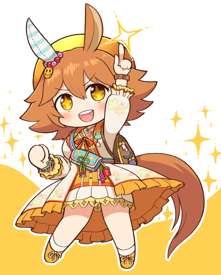 +_+ 1girl animal_ears arm_up backpack bag bead_bracelet beads bow bracelet chibi clenched_hand commentary_request dress ear_covers frilled_dress frilled_sleeves frills highres horse_ears horse_girl horse_tail jacket jewelry matikanefukukitaru_(good_omen_first_storm)_(umamusume) matikanefukukitaru_(umamusume) necklace open_clothes open_jacket open_mouth orange_bow orange_dress orange_hair orange_shoes pointing pointing_up pouch shoes short_hair simoyuki single_ear_cover star_(symbol) star_symbol_background tail umamusume