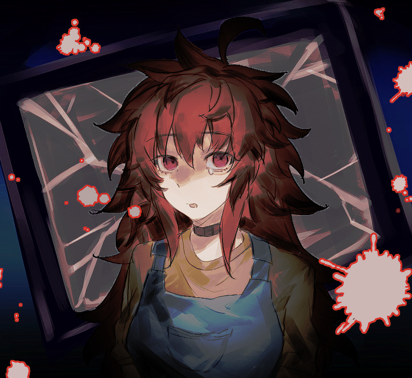 1girl apron blue_apron brown_choker choker egokoro_nao highres kimi_ga_shine long_hair long_sleeves looking_at_viewer open_mouth pink_eyes pink_hair shirt sidelocks solo upper_body very_long_hair xuxi239756 yellow_shirt