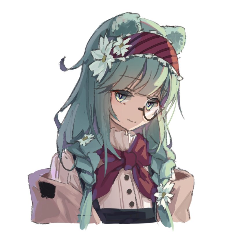 1girl animal_ears aqua_hair arknights bear_ears bear_girl black_dress bow bowtie braid brown_jacket commentary cropped_torso daisy_(flower) dress flower frown green_eyes hair_flower hair_ornament hairband head_down highres iasimo istina_(arknights) istina_(bibliosmia)_(arknights) jacket looking_at_viewer monocle official_alternate_costume pinafore_dress red_bow red_bowtie red_hairband shirt side_braid simple_background sketch sleeveless sleeveless_dress solo twin_braids white_background white_flower white_shirt