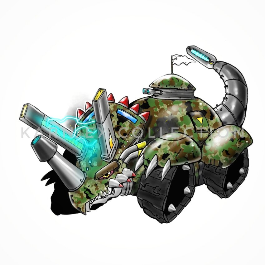 camouflage_paint cannon cyborg digimon digimon_(creature) electricity highres military_vehicle motor_vehicle oridigi original solo tank triceratops weirdomonmaster wezengammamon yellow_eyes