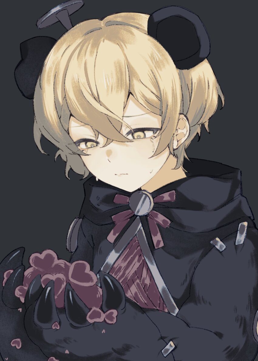 1boy absurdres animal_ears bear_claws bear_ears blonde_hair coat crying crying_with_eyes_open e.g.o_(project_moon) grey_background grey_coat heart hex_nail_(e.g.o) highres limbus_company male_focus nail_(hardware) paw_sleeves project_moon red_ribbon ribbon short_hair simple_background sinclair_(project_moon) solo stitches tears upper_body widosya yellow_eyes