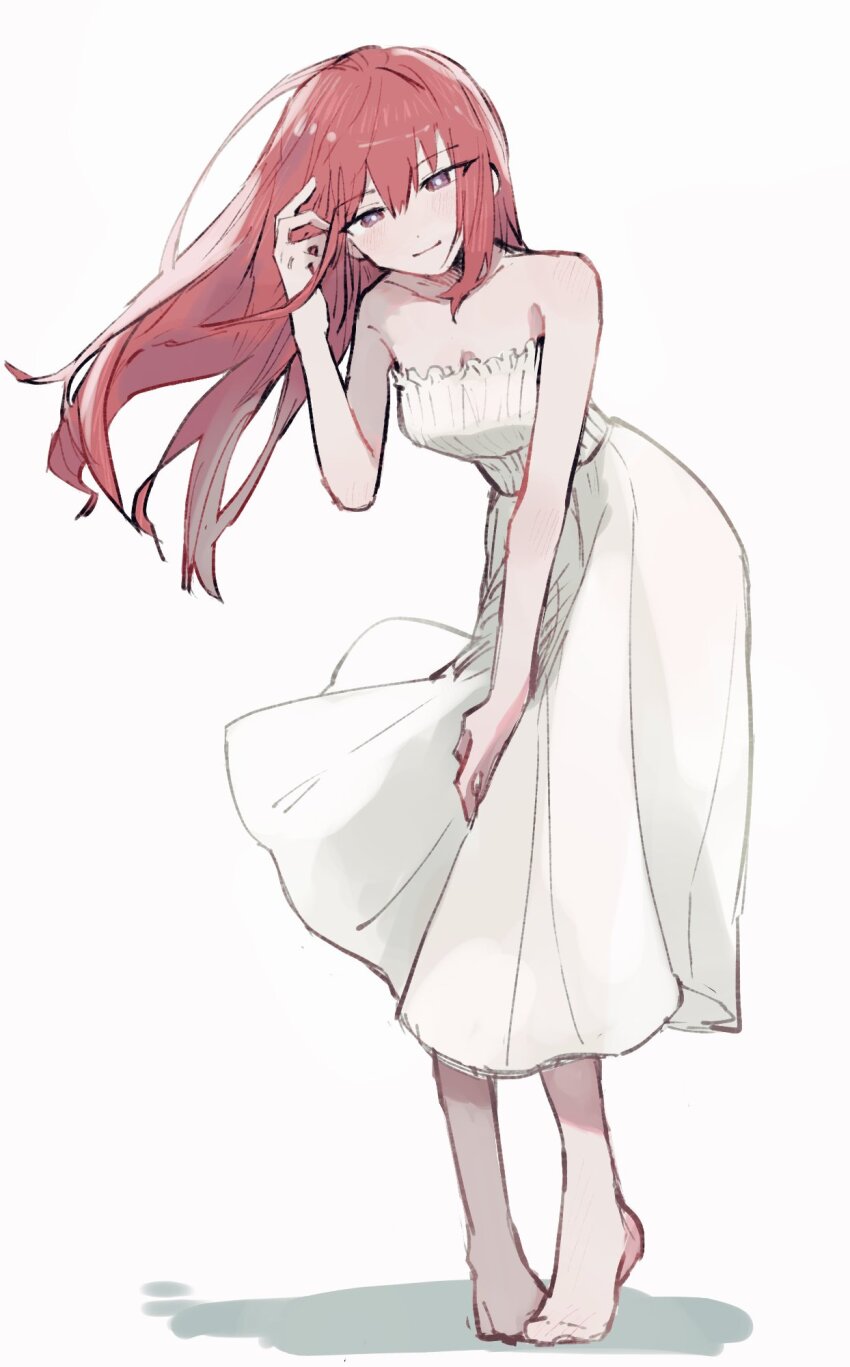 1girl alternate_costume bare_shoulders barefoot breasts bright_pupils cleavage commentary_request dot_nose dress hair_between_eyes hand_in_own_hair highres light_smile long_hair looking_at_viewer makise_kurisu medium_breasts pleated_dress purple_eyes red_hair simple_background solo steins;gate strapless strapless_dress suehiroch0 tiptoes white_background white_dress white_pupils