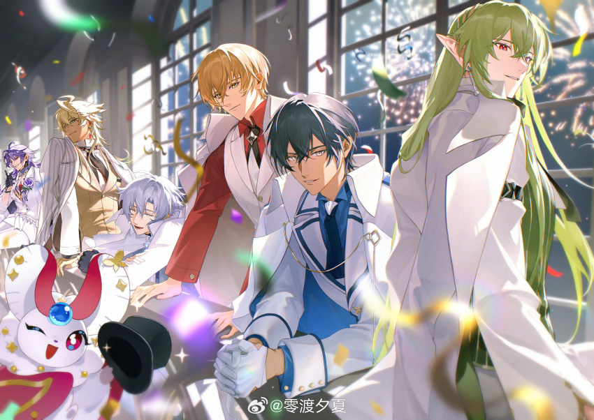 6+boys :d ^_^ aerial_fireworks against_railing ahoge antenna_hair black_gloves black_hair black_necktie blonde_hair blue_shirt boutonniere carriel_(welcome_to_dreamland) chest_jewel chest_tattoo chinese_commentary closed_eyes closed_mouth coat coat_on_shoulders collared_shirt confetti creature curtained_hair demian_(welcome_to_dreamland) earrings finger_to_mouth fingerless_gloves fireworks flower formal_clothes gloves green_vest grey_hair grin hair_between_eyes hair_ornament half_gloves hat highres holding holding_unworn_clothes holding_unworn_hat indoors interlocked_fingers isreall_(welcome_to_dreamland) jacket jewelry lapels leaf_hair_ornament leaning_forward long_hair long_sleeves looking_at_viewer looking_back male_focus meshal_(welcome_to_dreamland) multiple_boys muntins necktie night no_shirt notched_lapels open_mouth own_hands_clasped own_hands_together pants parted_lips pointy_ears purple_flower purple_hair purple_rose railing red_eyes red_shirt reiichiko rose ryoya_(welcome_to_dreamland) selien_(welcome_to_dreamland) shirt short_hair shushing sideways_glance single_earring sitting sleeve_cuffs sleeve_garter smile streamers striped_clothes striped_jacket suit tattoo top_hat triangle_earrings tuxedo_shirt unworn_hat unworn_headwear upper_body vertical-striped_clothes vertical-striped_jacket vest watermark weibo_watermark welcome_to_dreamland white_coat white_gloves white_jacket white_pants white_shirt white_suit white_vest window yellow_eyes yellow_vest