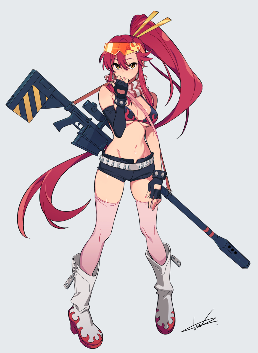 1girl anti-materiel_rifle belt bikini bikini_top_only bracelet breasts fingerless_gloves flame_print gloves gun hair_ornament hair_stick highres jewelry large_breasts long_hair looking_at_viewer navel pink_thighhighs ponytail red_hair rifle scarf short_shorts shorts signature simple_background skull_hair_ornament sniper_rifle solo striped_clothes striped_scarf studded_belt studded_bracelet swimsuit tarou2 tengen_toppa_gurren_lagann thighhighs weapon yellow_eyes yoko_littner zettai_ryouiki