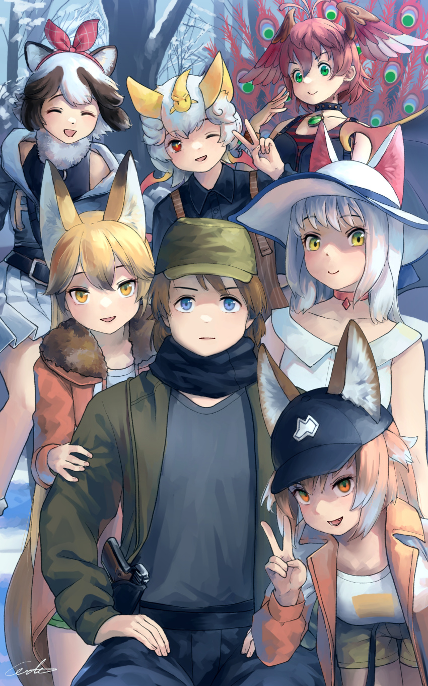 1boy 6+girls :d absurdres alternate_costume animal_ears baseball_cap bat_ears behind_another bent_over black_hair blonde_hair blue_eyes brown_eyes brown_hair captain_(kemono_friends) choker closed_eyes day dress ears_through_headwear empty_eyes ezo_red_fox_(kemono_friends) facing_viewer fang fox_ears green_eyes grey_hair gun hair_between_eyes handgun happy hat head_wings highres holster holstered honduran_white_bat_(kemono_friends) jacket japanese_wolf_(kemono_friends) kemono_friends long_hair long_sleeves looking_at_viewer miniskirt multicolored_hair multiple_girls oinari-sama_(kemono_friends) one_eye_closed open_mouth outdoors peacock_feathers pleated_skirt raccoon_ears red_eyes red_hair scarf shirt skirt smile snow sun_hat suzaku_(kemono_friends) tanuki_(kemono_friends) two-tone_hair v weapon welt_(kinsei_koutenkyoku) white_hair wings wolf_ears