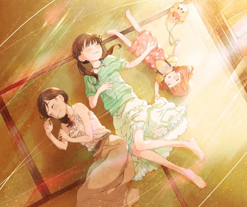 3girls absurdres animal_bag animal_print anime_screenshot backlighting bag bare_arms bare_legs bare_shoulders barefoot belt blunt_bangs blush bob_cut bowl_cut breasts brown_hair brown_skirt cat_print closed_eyes closed_mouth clothes_grab clothes_writing colored_eyelashes eyelashes feet_out_of_frame fingernails flat_chest frills from_above full_body green_shirt hand_on_another&#039;s_stomach hand_on_own_stomach heart heart_print highres hosoi_mieko indoors jewelry kawamoto_akari kawamoto_hinata kawamoto_momo knees_together_feet_apart light_particles light_rays light_smile long_skirt lying medium_breasts multiple_girls necklace on_back on_side orange_hair overalls parted_lips paw_print paw_print_pattern polka_dot polka_dot_shirt puffy_sleeves sangatsu_no_lion shirt siblings side_ponytail sisters skirt skirt_grab sleeping sleeveless sleeveless_shirt slice_of_life striped_clothes striped_shirt sunlight tatami toenails twintails upside-down yellow_shirt