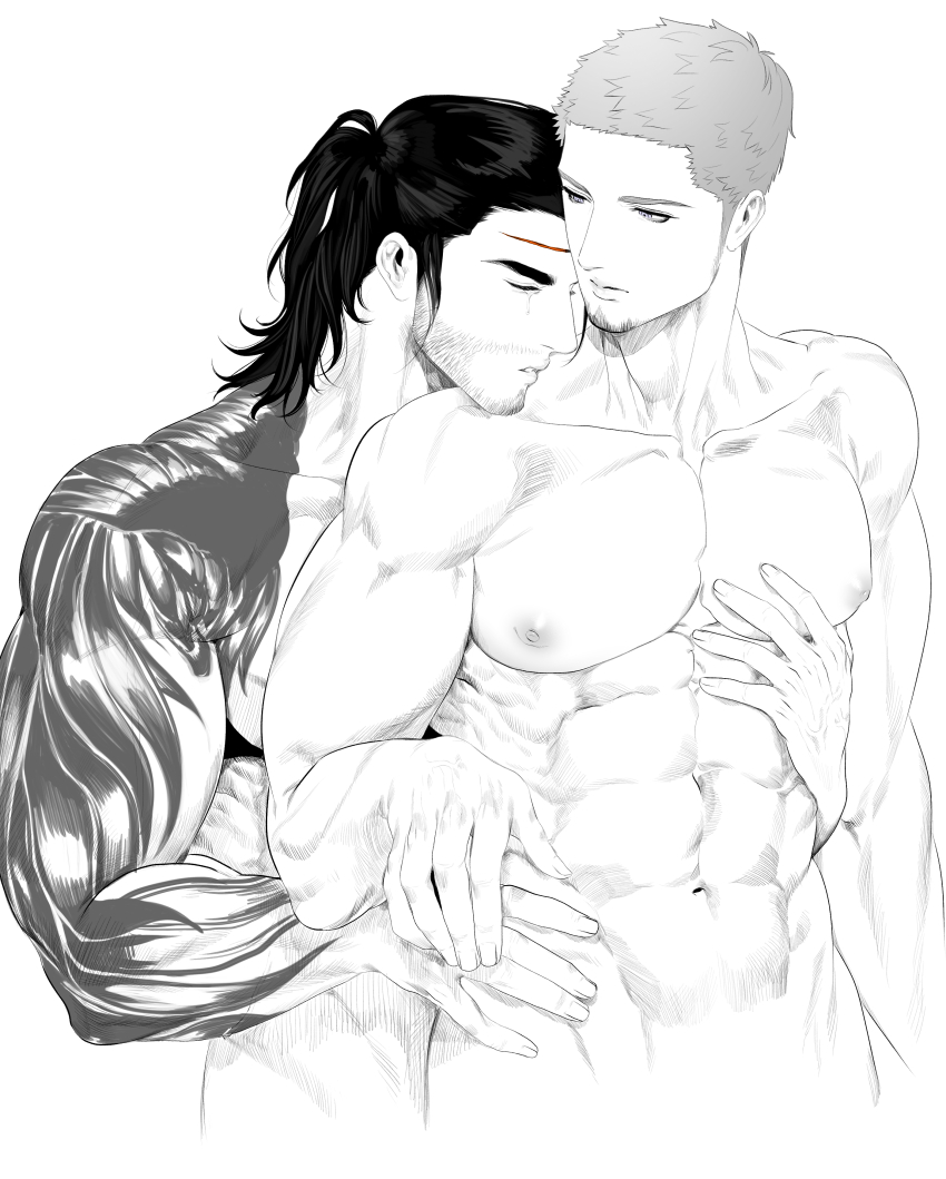 2boys abs absurdres arm_tattoo bara beard_stubble completely_nude cor_leonis couple cropped_torso eriurias73 facial_hair feeling_muscles final_fantasy foreplay gladiolus_amicitia greyscale head_on_another&#039;s_shoulder heads_together highres large_pectorals male_focus mature_male medium_hair medium_sideburns monochrome multiple_boys muscular muscular_male navel nipples nude pectorals scar scar_on_face scar_on_forehead short_hair standing stomach stubble tattoo thick_eyebrows yaoi