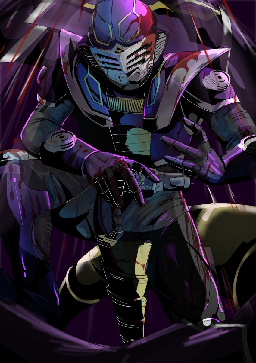 1boy advent_deck armor belt black_gloves blood blood_on_armor blood_on_face bodysuit cobra_(animal) contract_monster gloves helmet highres holding kamen_rider kamen_rider_ouja kamen_rider_ryuki_(series) kneeling male_focus mask mecha_pilot_suit plugsuit_(evangelion) purple_armor sahimi777 solo solo_focus spread_legs sword tokusatsu v_buckle venosaber venosnaker weapon