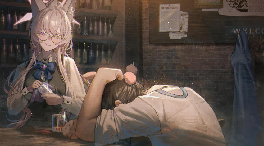 1boy 1girl akira_(blue_archive) animal_ear_fluff animal_ears betabeet black_shirt blue_archive blue_bow blue_bowtie blush bottle bow bowtie brick_wall brown_hair bulletin_board clenched_hand closed_eyes commentary covering_head english_commentary glasses head_down highres indoors jacket looking_at_another sensei_(blue_archive) shirt smile table upper_body white_jacket white_shirt wine_bottle