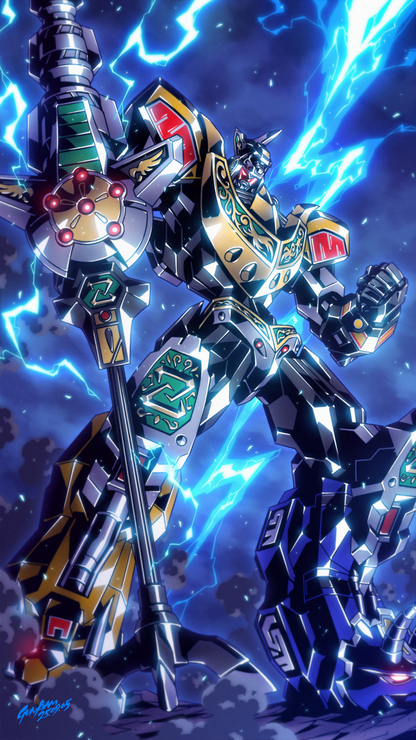 armor babamba dragon_caesar drill electricity full_body gattai gouryuujin_(zyuranger) highres holding holding_polearm holding_weapon horns kyouryuu_sentai_zyuranger lance machine mecha no_humans polearm red_eyes robot solo spear super_robot super_sentai toei_company tokusatsu weapon