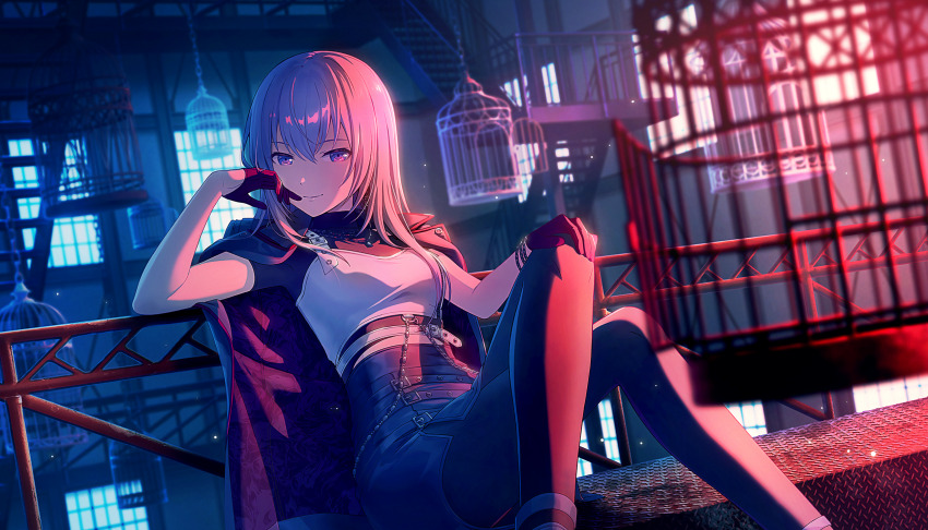 1girl against_railing ankle_strap barred_window belt black_belt black_gloves black_jacket black_pantyhose black_shirt black_skirt blurry blurry_background blurry_foreground bracelet breasts cage chain chain_bracelet closed_mouth colorful_palette crop_top crossed_legs dot_nose elbow_rest feet_out_of_frame gloves hair_between_eyes hair_over_shoulder half-closed_eyes half_gloves hand_on_own_cheek hand_on_own_face hand_rest hand_up head_rest high-waist_skirt highres indoors jacket jacket_on_shoulders jewelry large_breasts leaning_back light_particles light_smile long_hair looking_ahead megurine_luka midriff_peek multiple_belts necklace official_art on_floor pantyhose pink_hair project_sekai psychedelic purple_eyes railing shirt short_sleeves side_slit sidelighting sideways_glance sitting skirt solo stairs straight_hair third-party_source turtleneck turtleneck_shirt two-sided_fabric two-sided_jacket vivid_bad_squad_(project_sekai) vivid_bad_squad_luka vocaloid whip_the_wimp_girl!!_(project_sekai) wide_hips window
