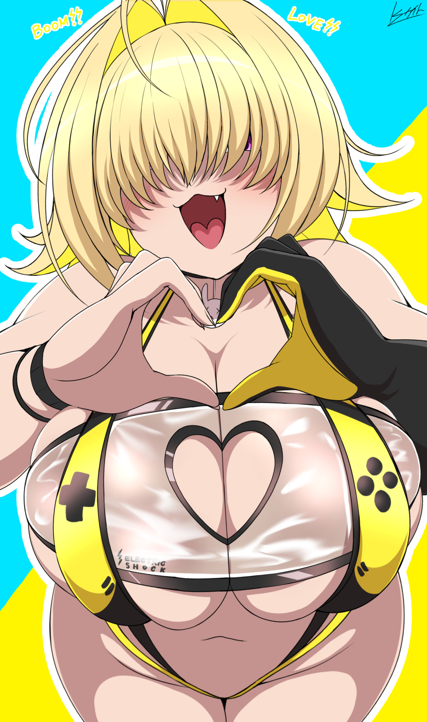 1girl :3 black_gloves blonde_hair breasts cleavage cleavage_cutout clothing_cutout covered_eyes elegg_(boom_and_shock)_(nikke) elegg_(nikke) english_text fang gloves goddess_of_victory:_nikke hair_intakes hair_over_eyes hands_on_own_chest heart heart_cutout heart_hands huge_breasts k_(kite) long_bangs navel open_mouth pink_eyes plump rabbit_ornament short_hair single_glove skindentation slingshot_swimsuit smile solo standing swimsuit tongue wristband yellow_slingshot_swimsuit