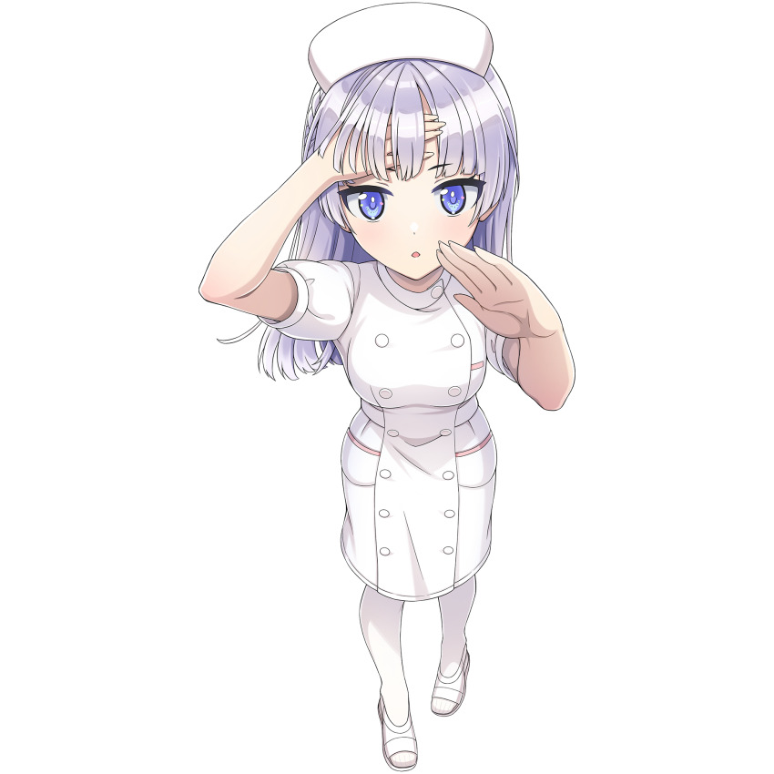 1girl :o blue_eyes breasts dolphin_wave game_cg hand_on_own_forehead hat highres light_blush long_hair looking_at_viewer non-web_source nurse nurse_cap official_art ootomo_takuji pantyhose puffy_short_sleeves puffy_sleeves purple_hair reaching reaching_towards_viewer sandals schnee_weissberg short_sleeves small_breasts solo transparent_background white_pantyhose