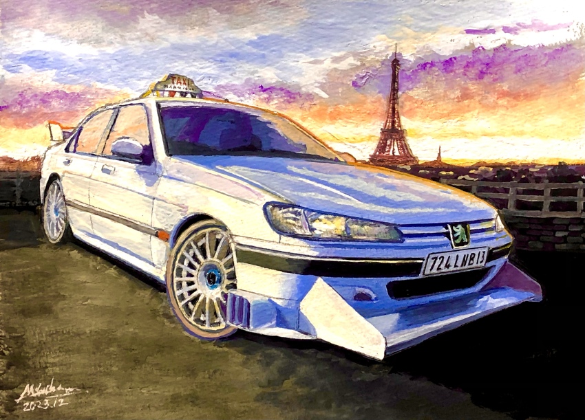 absurdres atelier_634 car eiffel_tower evening france highres motor_vehicle no_humans original painting_(medium) peugeot peugeot_406 taxi traditional_media vehicle_focus watercolor_(medium) white_car