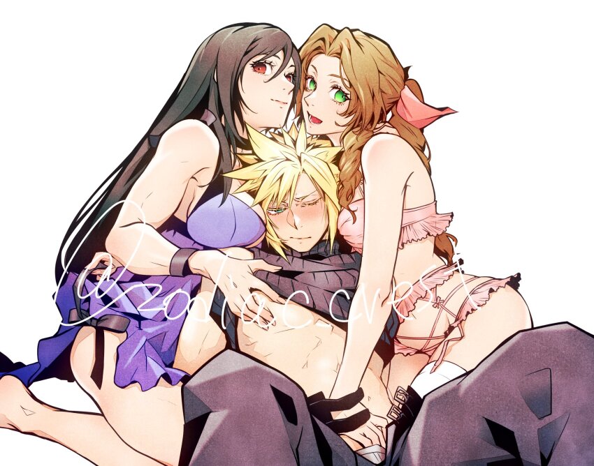 aerith_gainsborough bare_legs biceps black_hair blonde_hair blush bra breasts brown_eyes brown_hair clothes_lift cloud_strife final_fantasy final_fantasy_vii final_fantasy_vii_remake frilled_bra frilled_garter_belt frilled_panties frills girl_sandwich green_eyes hand_in_another&#039;s_underwear hand_in_underwear highres nightgown panties pink_bra pink_panties purple_nightgown rukashio sandwiched shirt_lift spiked_hair tifa_lockhart toned toned_female underwear