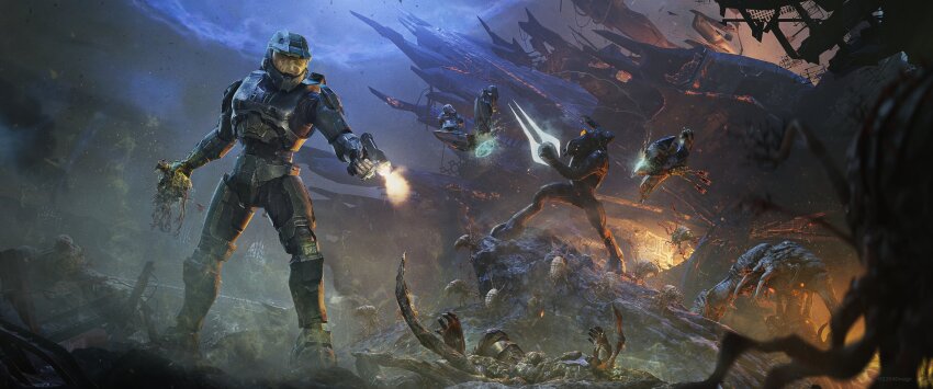 1boy 2204design absurdres alien arbiter armor bug energy energy_sword energy_weapon fighting firing full_armor gun halo_(series) handgun highres holding holding_gun holding_sword holding_weapon master_chief sangheili spartan_(halo) sword type-1_energy_sword weapon wrist_blades