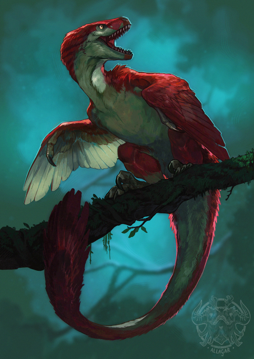 allagar animal_focus artist_name branch claws commentary commission dinosaur english_commentary feathered_wings full_body highres moss no_humans on_branch open_mouth original outdoors raptor sharp_teeth solo tail teeth watermark wings yellow_eyes