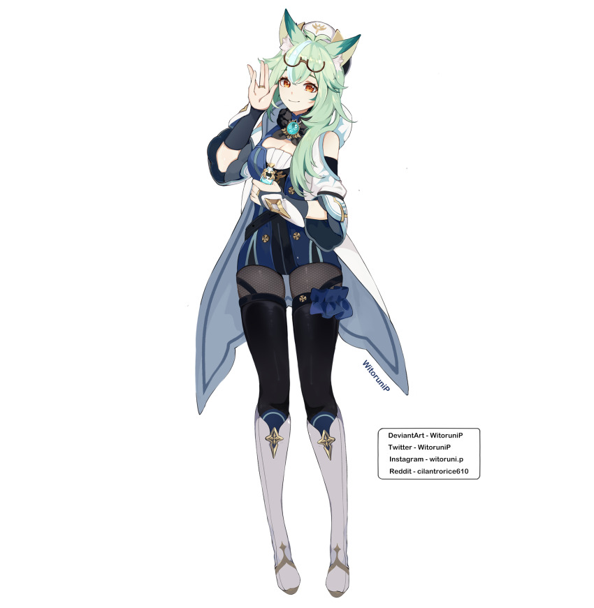 1girl alternate_costume animal_ears artist_name black_thighhighs blue_leotard boots bridal_gauntlets clothing_cutout coat eyewear_on_head fishnets fox_ears genshin_impact glasses green_hair hat highres holding holding_vial knee_boots leotard long_hair looking_at_viewer shoulder_cutout simple_background solo sucrose_(genshin_impact) thighhighs vial vision_(genshin_impact) white_background white_boots white_coat white_hat witorunip