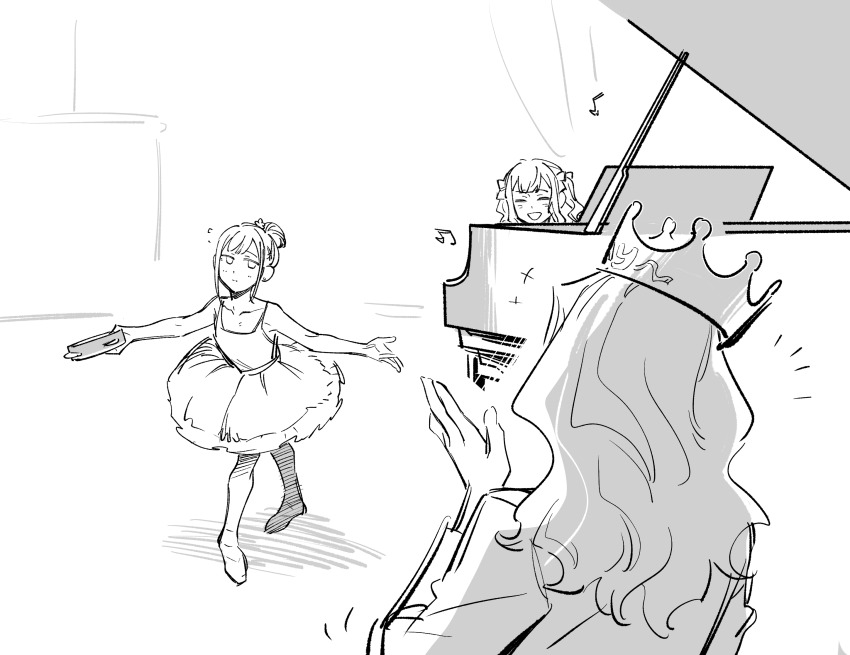 3girls ballet bang_dream! bang_dream!_it&#039;s_mygo!!!!! beamed_eighth_notes chinese_commentary clapping closed_eyes closed_mouth commentary_request crown eighth_note grand_piano hair_bun hair_ribbon highres instrument long_hair multiple_girls music musical_note nideaneng open_mouth piano playing_instrument playing_piano ribbon smile togawa_sakiko wakaba_mutsumi