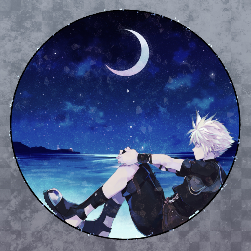 1boy armor beach black_footwear black_gloves black_sailor_collar black_shirt black_shorts blonde_hair border closed_eyes cloud_strife cloud_strife_(maritime_sailor) crescent_moon final_fantasy final_fantasy_vii final_fantasy_vii_ever_crisis fingerless_gloves full_body gloves grey_border leather_armor male_focus moon night night_sky ocean official_alternate_costume own_hands_clasped own_hands_together sailor_collar saki_(hxaxcxk) shirt short_hair short_sleeves shorts single_fingerless_glove single_glove sky solo spiked_hair steel-toe_boots wristband