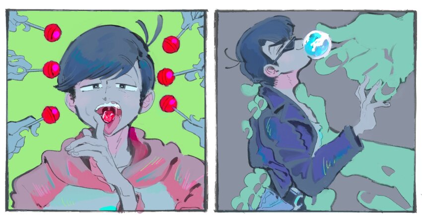 2boys candy disco_ball food ghost_hands giant_hand highres jacket korozikoro leather leather_jacket lollipop matsuno_karamatsu matsuno_osomatsu multiple_boys object_on_tongue object_to_mouth open_mouth osomatsu-san osomatsu_(series) raglan_sleeves saliva self-awareness_(osomatsu-san) split_screen surrounded_by_hands thick_eyebrows