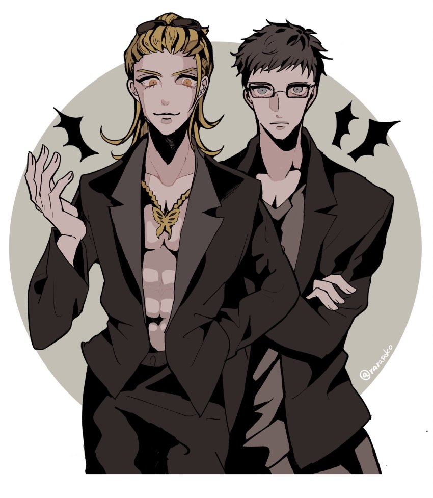 2boys abs animal_print black_hair black_jacket blonde_hair butterfly_print closed_mouth crossed_arms eyelashes glasses gold_necklace hand_in_pocket highres hishima_(ntwewy) jacket jewelry male_focus multiple_boys necklace no_shirt open_clothes open_jacket orange_eyes rectangular_eyewear shiba_(ntwewy) shin_subarashiki_kono_sekai smile subarashiki_kono_sekai sunglasses_on_head