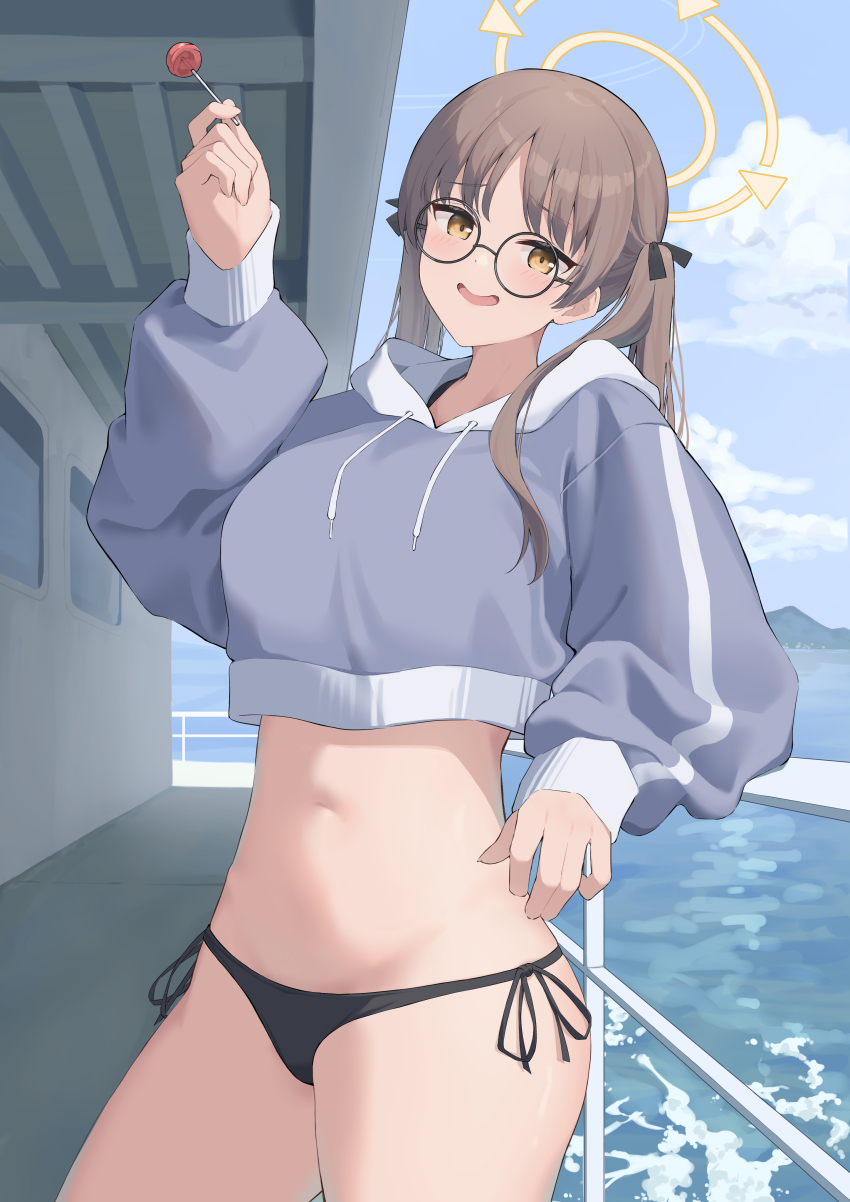 1girl absurdres bikini bikini_bottom_only black-framed_eyewear black_bikini black_ribbon blue_archive blush boat brown_eyes brown_hair candy commentary_request cowboy_shot cropped_hoodie day food glasses hair_ribbon halo hand_up highres holding holding_candy holding_food holding_lollipop hood hood_down hoodie hotarihotaru lollipop long_hair looking_at_viewer moe_(blue_archive) moe_(swimsuit)_(blue_archive) navel ocean official_alternate_costume open_mouth orange_halo outdoors ribbon round_eyewear side-tie_bikini_bottom smile solo swimsuit tsurime twintails watercraft