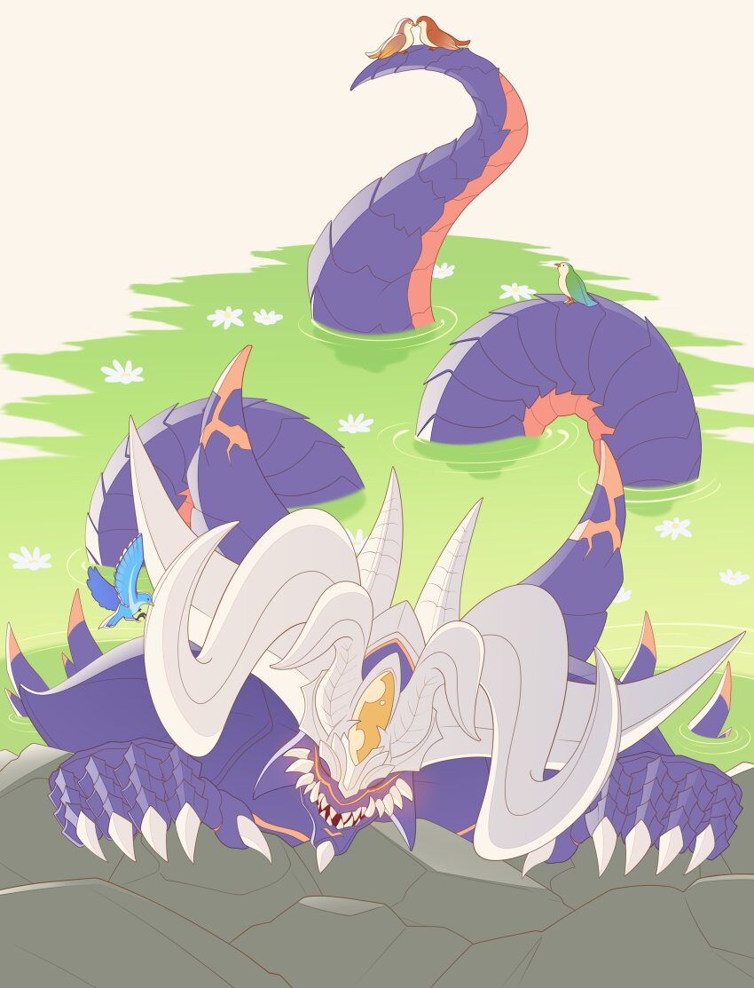 1boy absurdres bird blush claws closed_eyes commentary deebyfeeby demon demon_horns fangs fire_emblem fire_emblem:_the_sacred_stones fire_emblem_heroes flower fomortiis_(fire_emblem) highres horns nintendo onsen open_mouth tail
