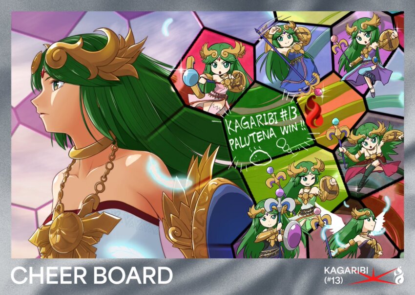 6+girls alternate_color arm_shield blue_thighhighs breasts chain circlet clenched_hand collarbone cut_out dress feathers fumio_(fumifumi) gold_chain green_eyes green_hair green_thighhighs holding holding_staff kid_icarus kid_icarus_uprising long_dress looking_at_viewer motion_lines multiple_girls multiple_persona nintendo one_eye_closed palutena side_slit single_thighhigh smile sparkle staff super_smash_bros. thighhighs vambraces wings
