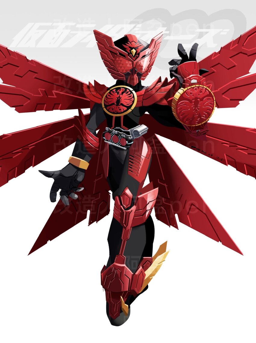 1boy armor black_bodysuit bodysuit forehead_jewel full_body helmet highres kamen_rider kamen_rider_ooo kamen_rider_ooo_(series) kamen_rider_ooo_(tajador_combo) male_focus ooo_driver penpenhuihui red_armor red_eyes red_helmet solo tokusatsu