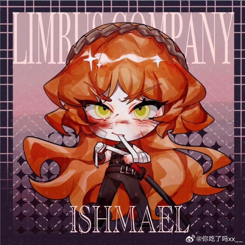 1girl bandage_in_mouth bandaged_arm bandages blood blood_on_face chibi full_body hairband ishmael_(project_moon) katana limbus_company long_hair nichilemaxxxx orange_hair pants project_moon shi_association_south_uniform sleeveless sleeveless_turtleneck solo sparkle sword turtleneck very_long_hair weapon