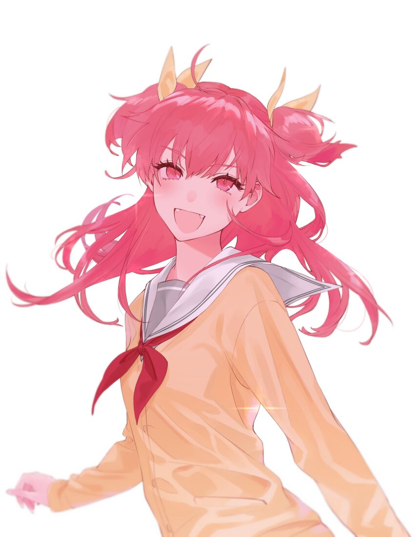 1girl :d absurdres arm_at_side blurry blush bow buttons cardigan depth_of_field fangs hair_between_eyes hair_bow highres long_hair long_sleeves looking_at_viewer miyamasuzaka_girls&#039;_academy_school_uniform momoi_airi neckerchief open_mouth pink_hair project_sekai red_neckerchief sa_tsuko sailor_collar school_uniform simple_background smile solo two_side_up upper_body white_background white_sailor_collar wind yellow_bow yellow_cardigan