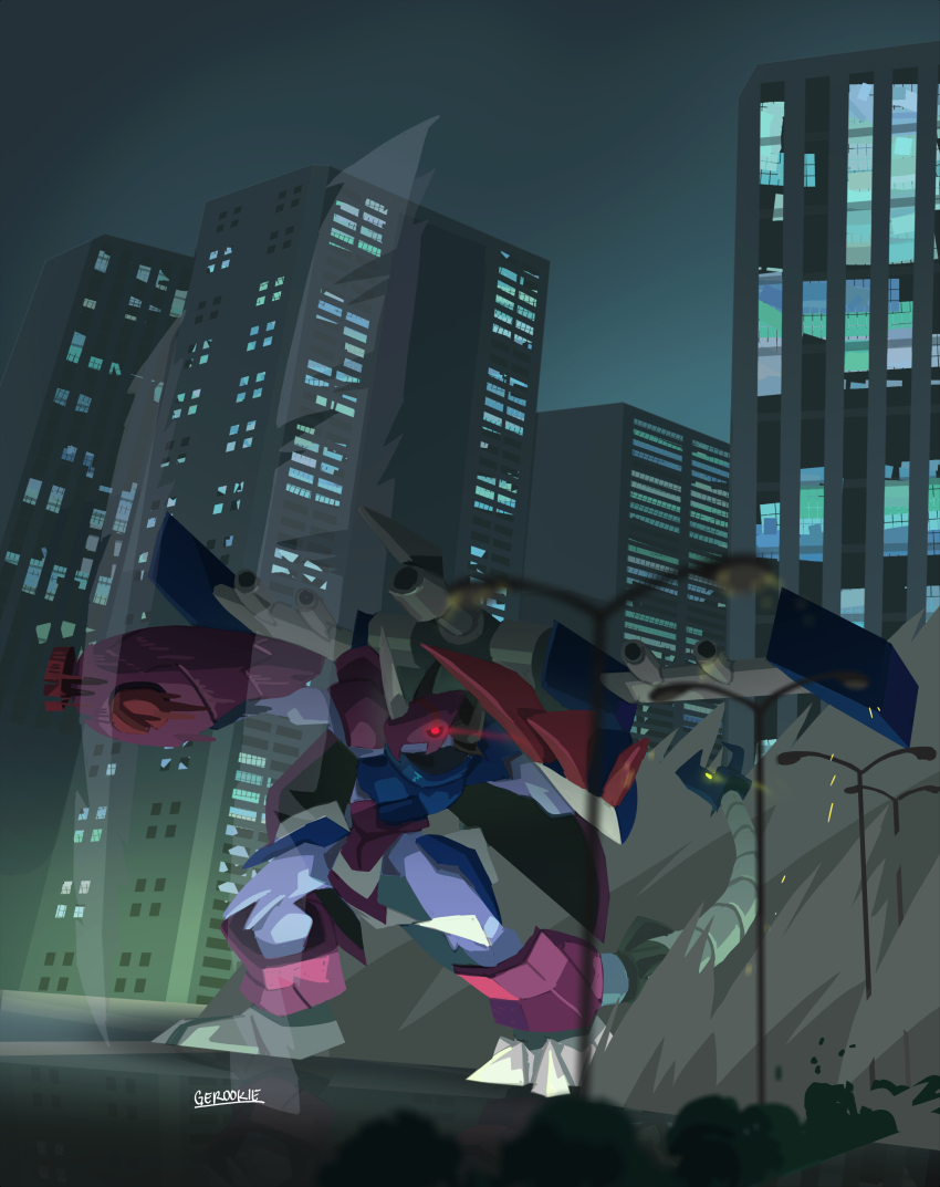 absurdres armor cityscape claws digimon digimon_(creature) digimon_xros_wars dinosaur dust_cloud gero_rivera glowing glowing_eyes highres horns metalgreymon_(xros_wars) punching shoulder_cannon wargreymon